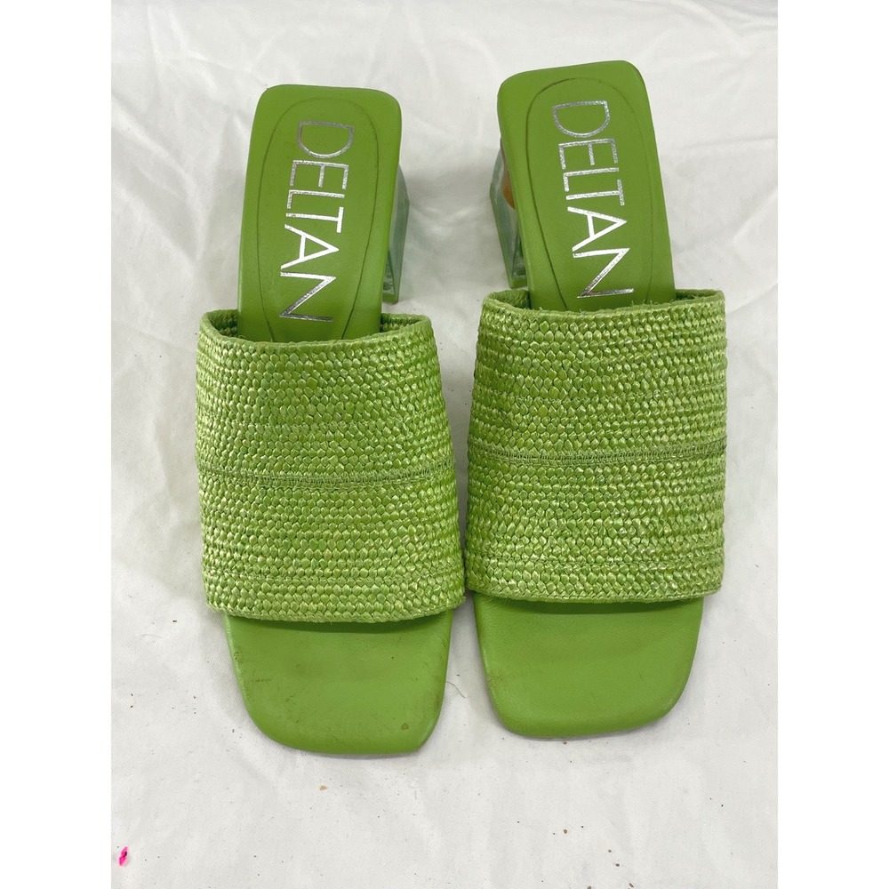 Deltan Womens Sandals 7.5M Mules Green Woven Lucite Block Heel Square Toe